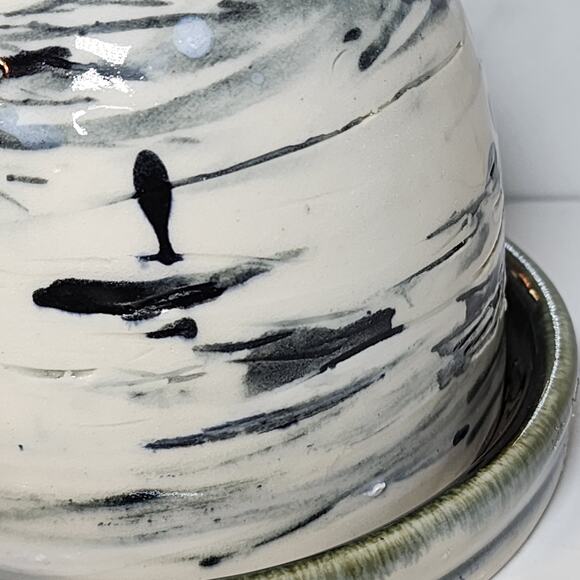 Studio Pottery Butter Dish Artist Signed Black Swirl Ceramic Modern Decor - Picture 6 of 9